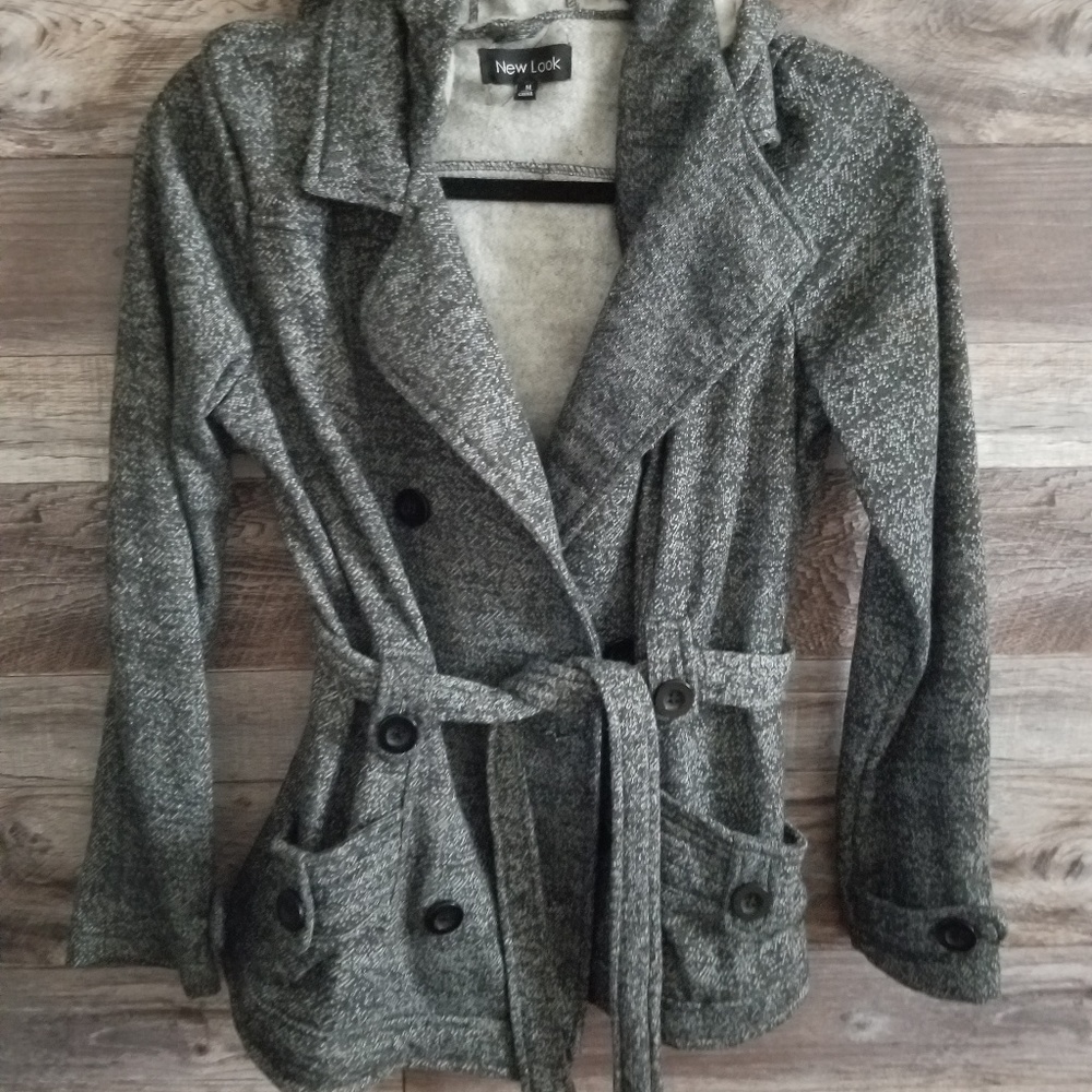 Casua dressy/Open front gray hioded  belted jacket